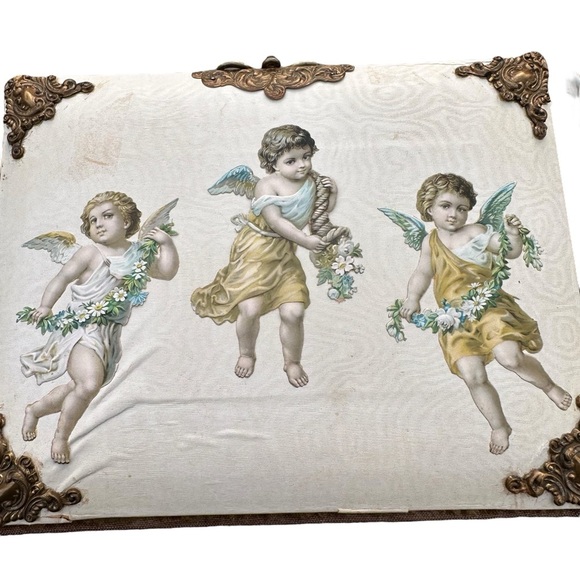 Antique Victorian Wood Leather Album Cherubs Ormolu Latch Accents Cabinet Cards - Picture 8 of 16